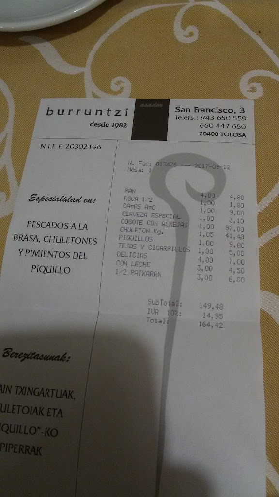 Asador Burruntzi — Carta