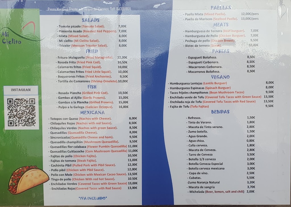 Chiringuito Mi Cielito — Carta