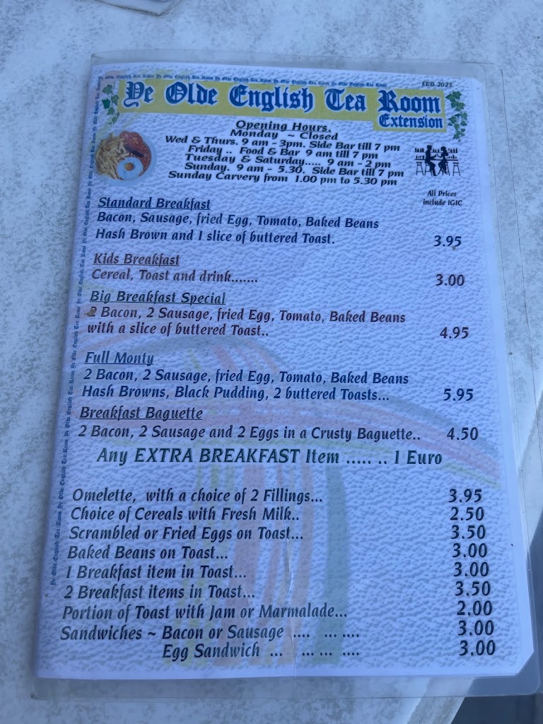 Ye Olde English Tea Room — Carta