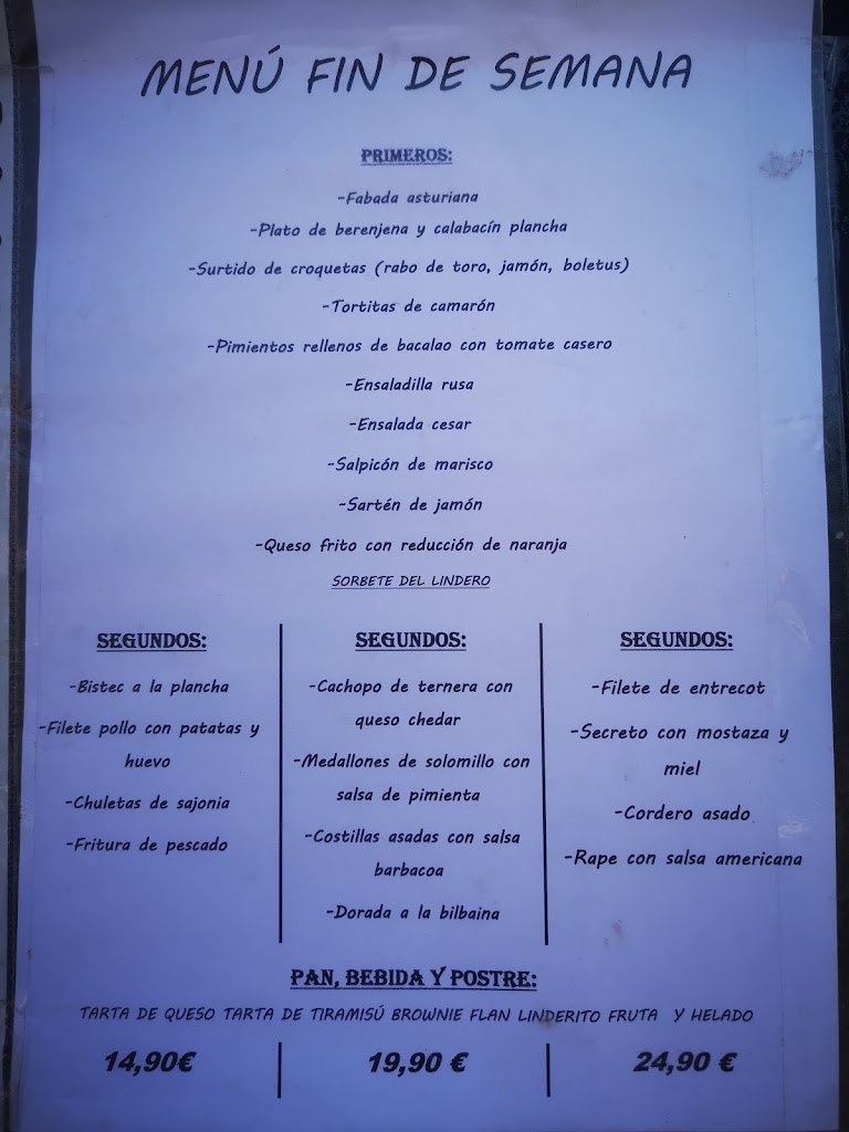 Bar-Restaurante El Lindero — Carta