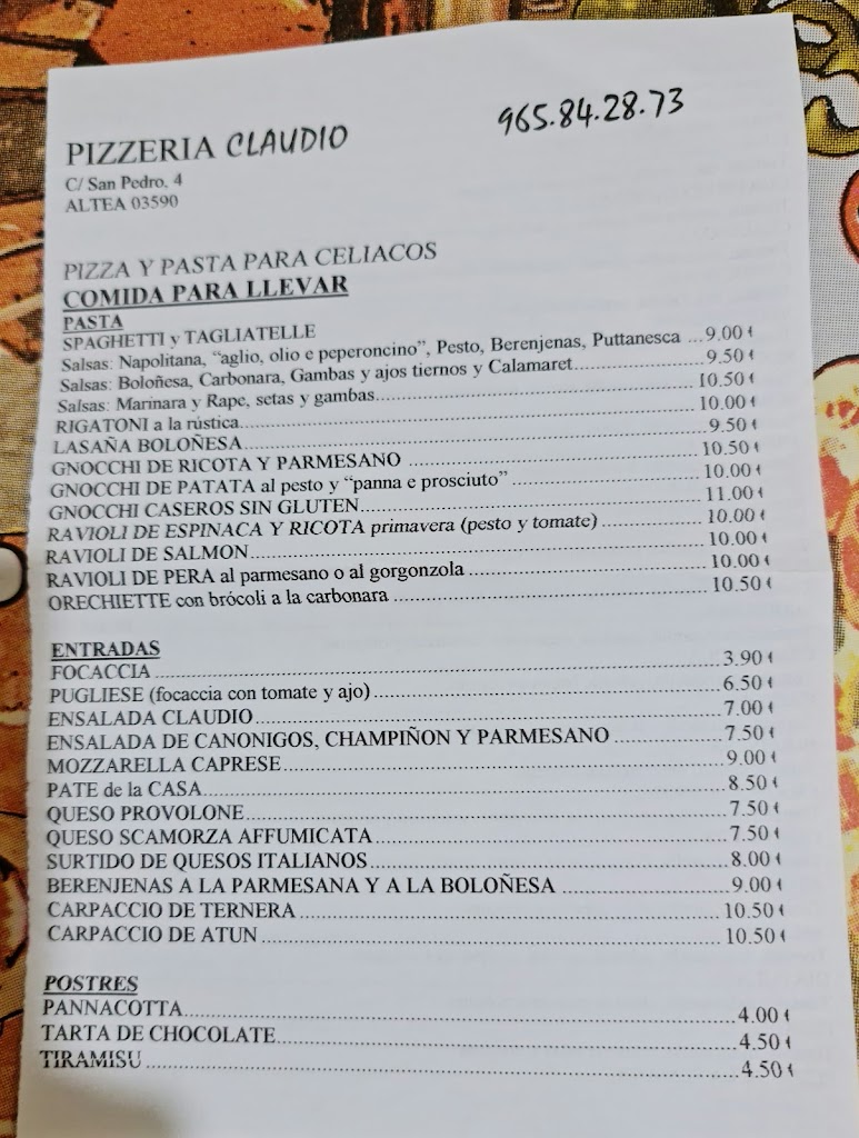 Pizzeria Claudio — Carta