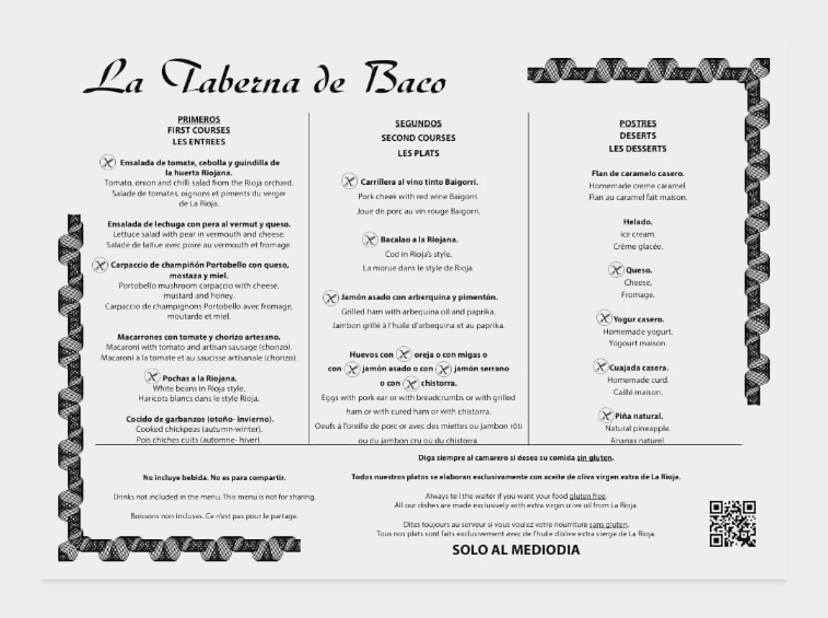 La Taberna de Baco — Carta