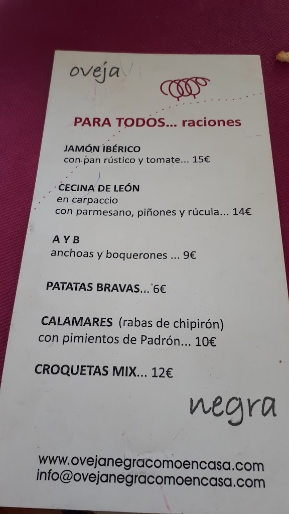 Oveja Negra Pamplona — Carta