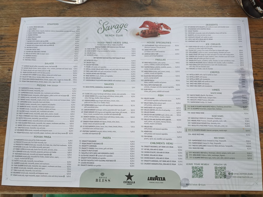 Savage Beach Club — Carta