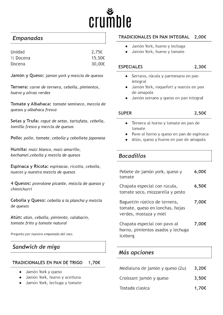 CRUMBLE Cafe - Villanueva de la Canada — Carta