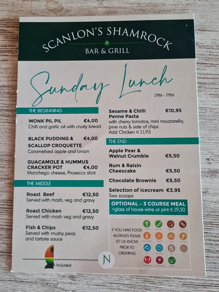 Scanlons Shamrock Irish Pub — Carta