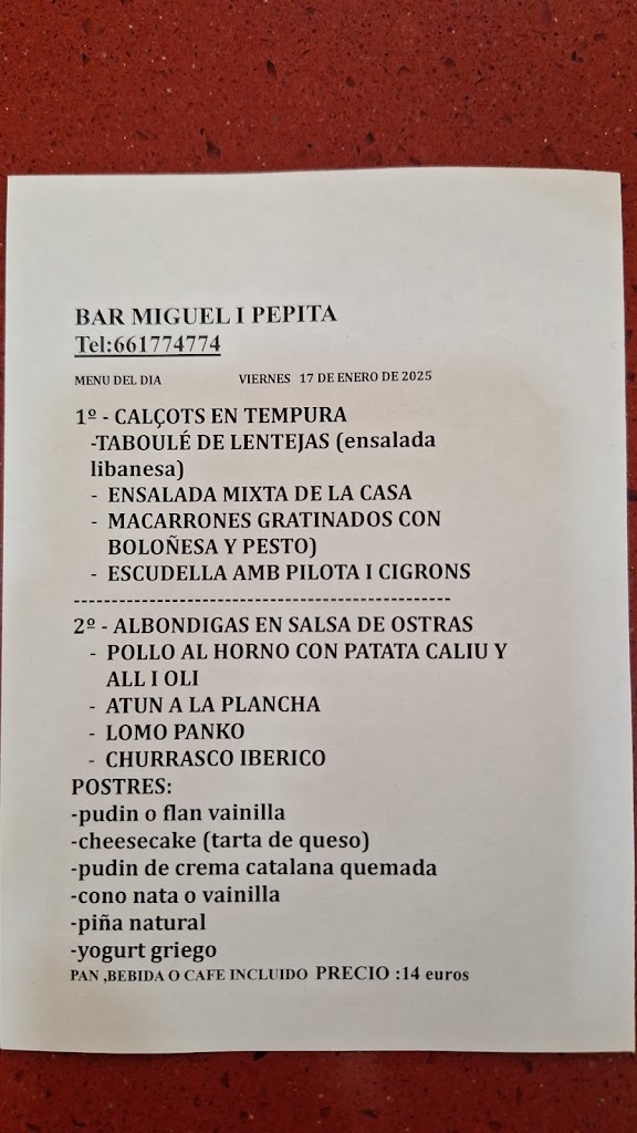 Bar El Rincon de Wily — Carta