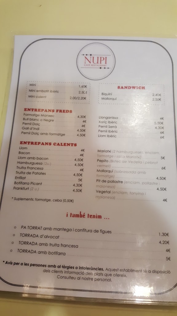 Cafeteria NUPI — Carta