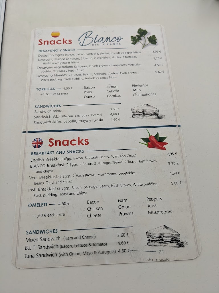 Bianco Ristorante — Carta