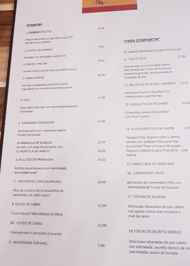 Bodeguita el Tejo — Carta