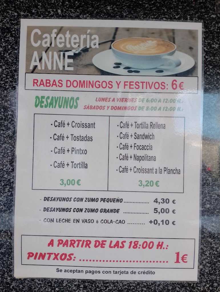 Cafeteria Anne — Carta