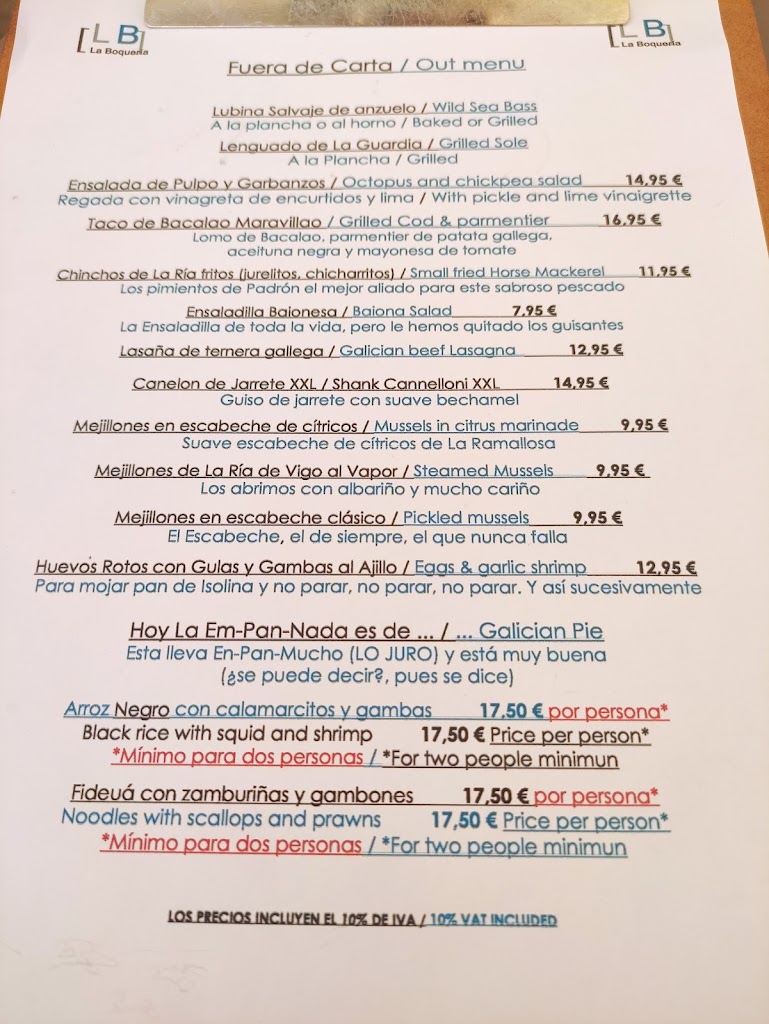 Taberna La Boqueria — Carta