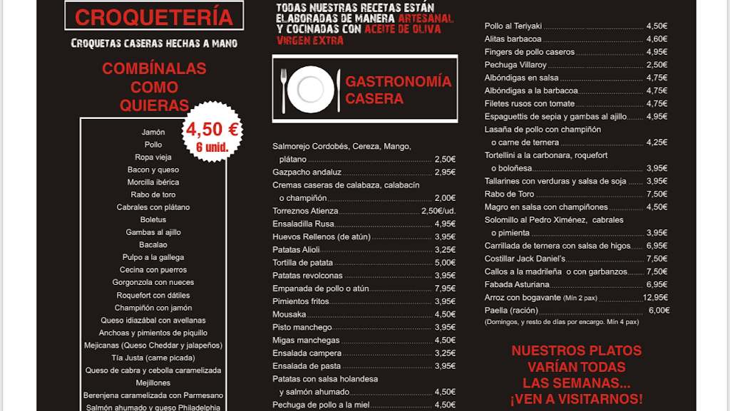Gastronomia Razonable, Asador De Pollos, Croqueteria, Arroceria, Comida Casera Para Llevar — Carta