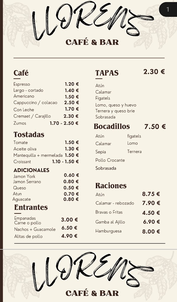 Llorens Cafe Bar — Carta