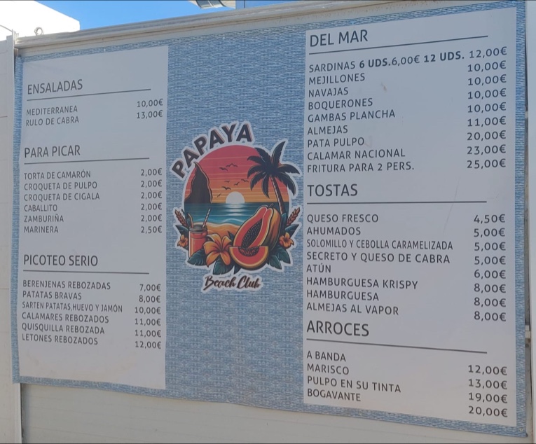 Chiringuito "PaPaYa Beach Club" — Carta