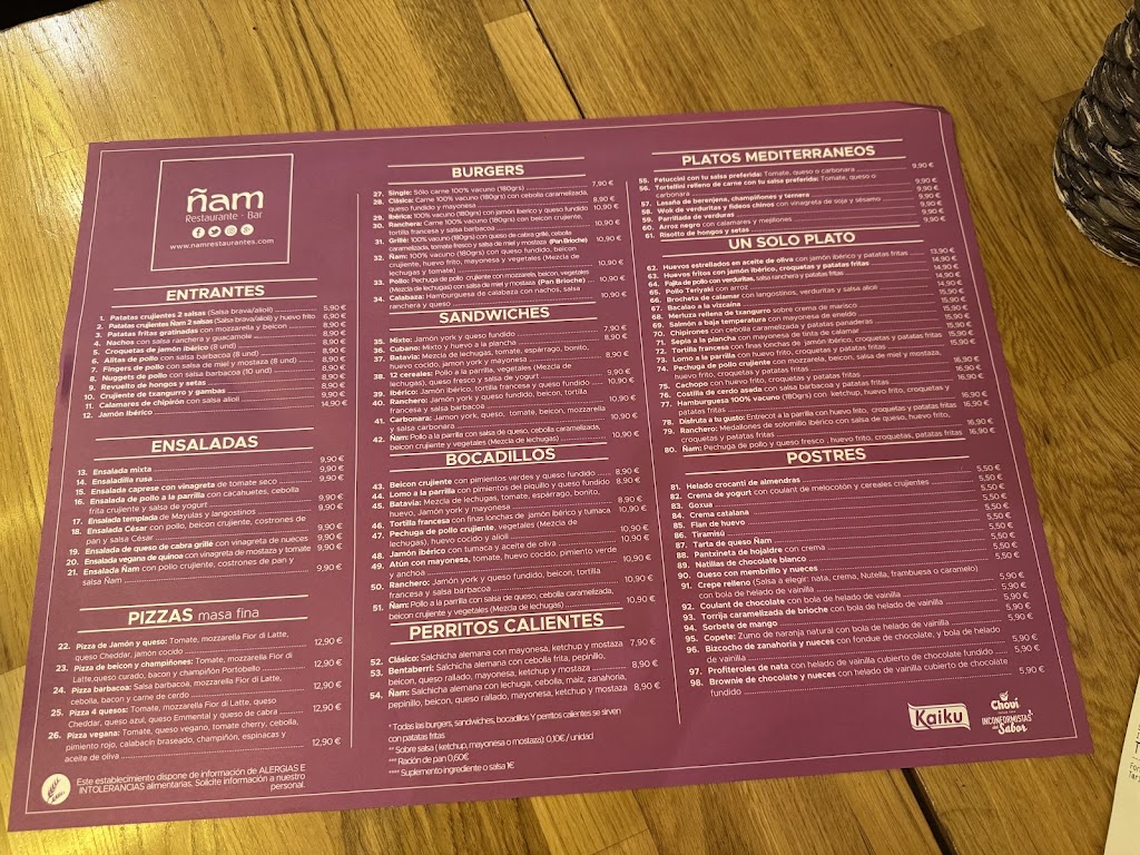 Nam Restaurantes - Bilbondo — Carta