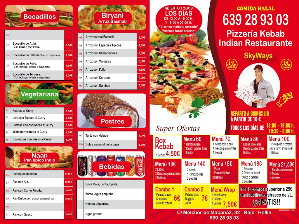 Pizzeria Kebab Restaurante Indio Sky Ways — Carta
