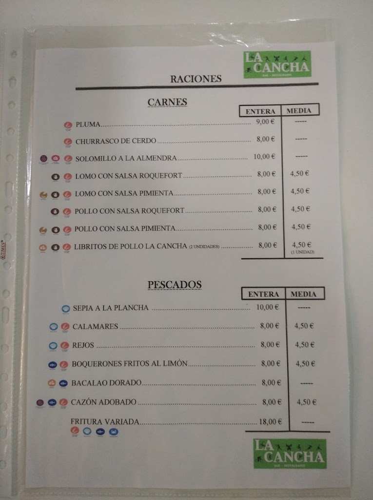 Bar Restaurante La Cancha — Carta