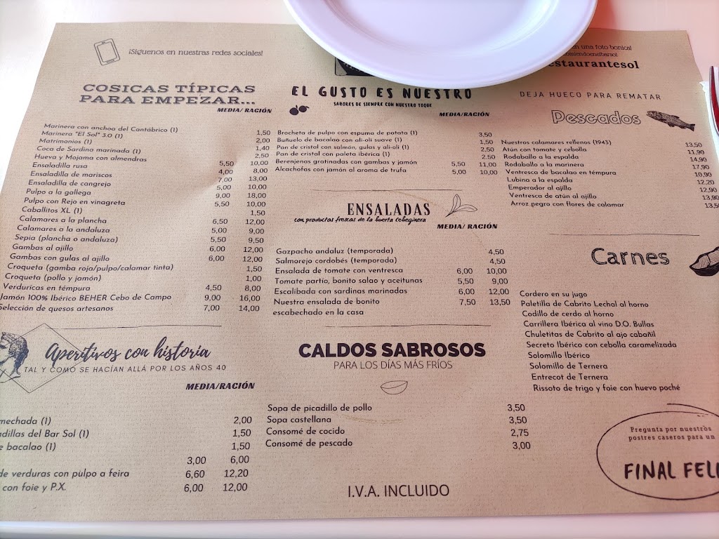 Restaurante El Sol — Carta