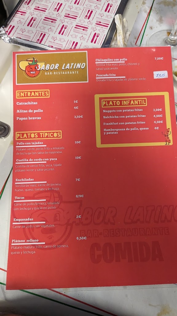 Sabor Latino Bar-restaurante — Carta