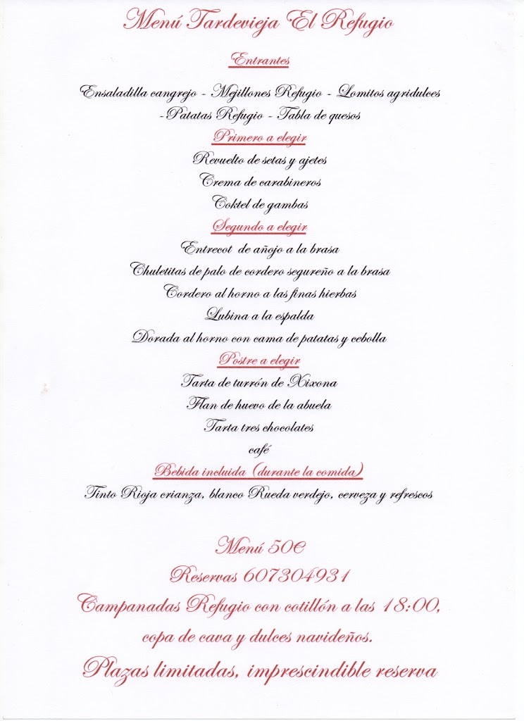 Bar Restaurante El Refugio — Carta