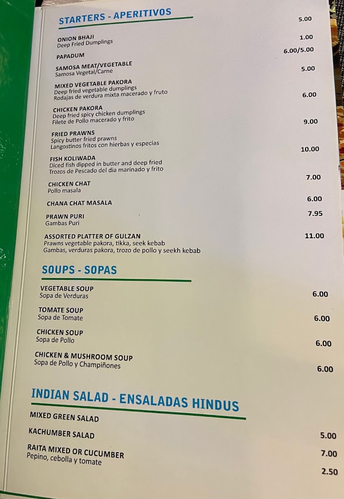 Gulzar Indian Punjabi Restaurant Marbella — Carta
