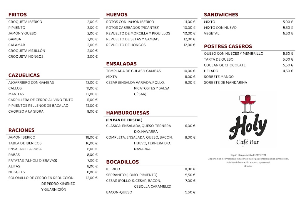 Holy Cafe-Bar — Carta