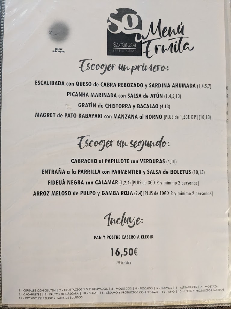 Restaurante Ermita Sant Gregori — Carta