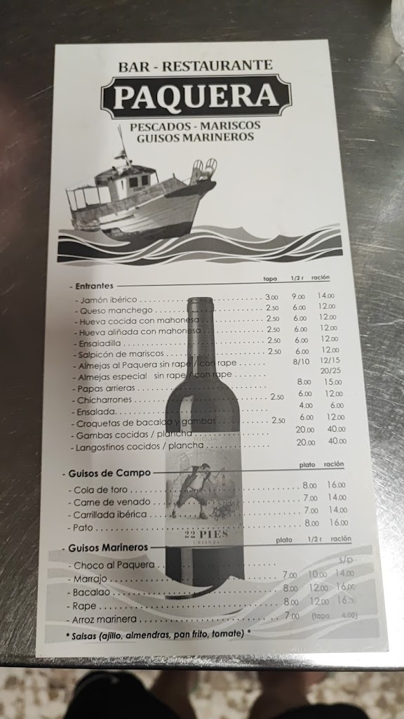 Bar Restaurante Paquera — Carta