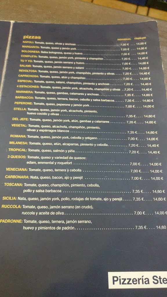 Pizzeria Stella — Carta