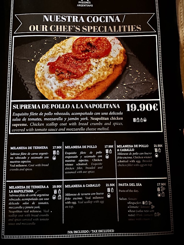 Restaurante Pasiones Argentinas — Carta