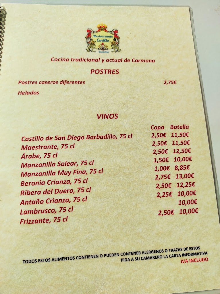 Bar Restaurante Casa Emilio — Carta