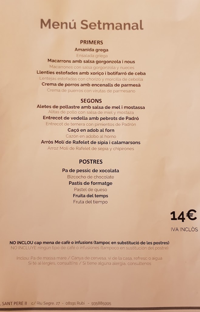 Restaurante Hotel Sant Pere II — Carta
