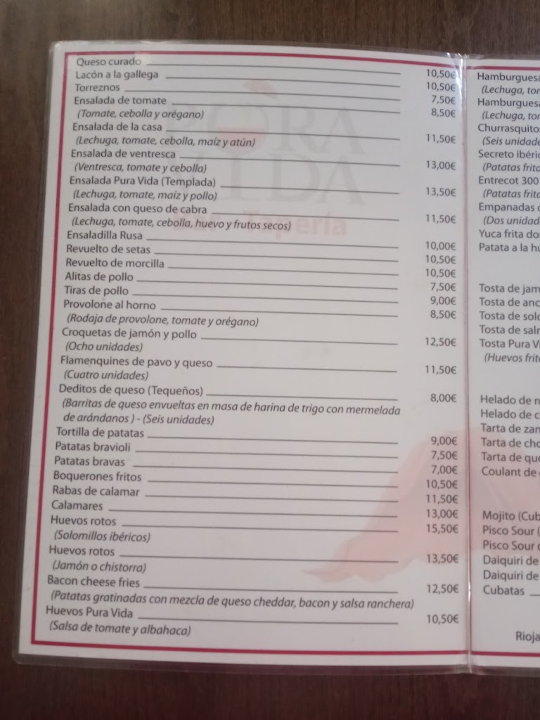 Pura Vida Gastrobar — Carta