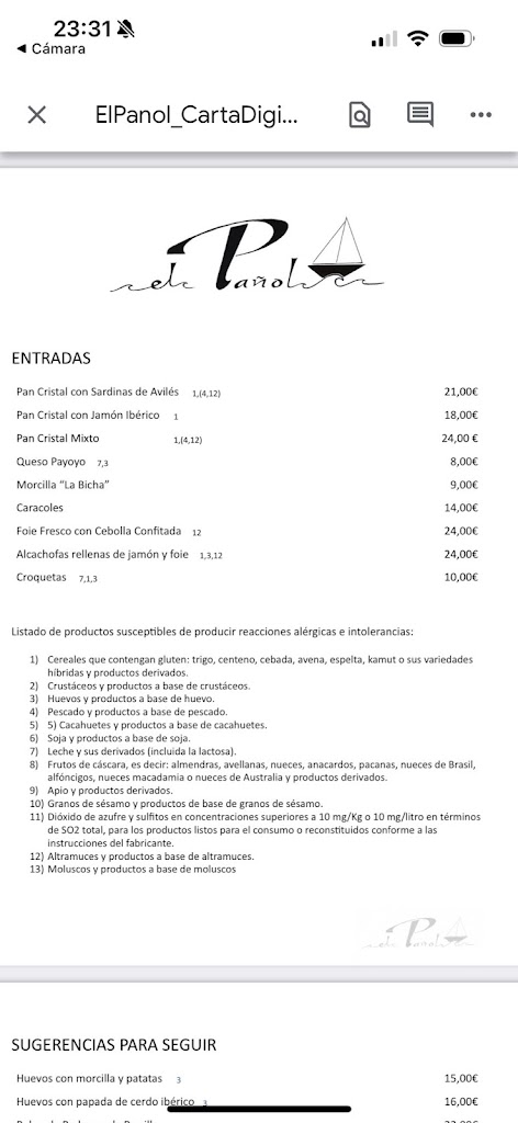 El Panol — Carta