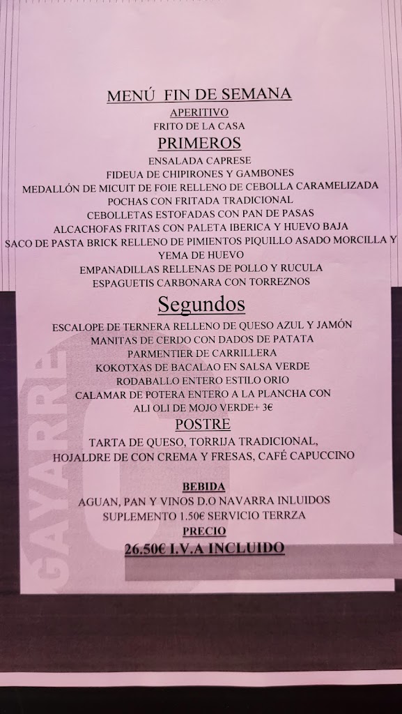 Gayarre Bar Restaurante — Carta