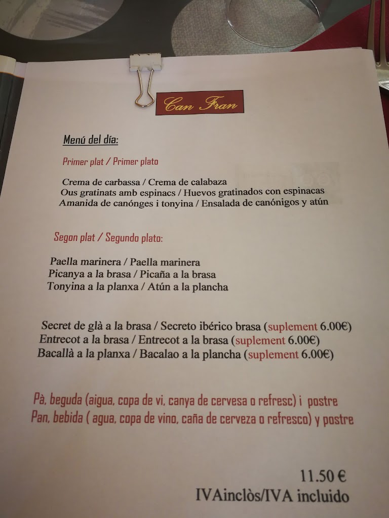 Restaurante Can Fran — Carta