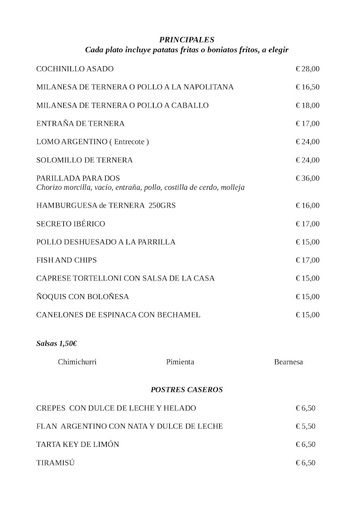 Restaurante Pampa — Carta