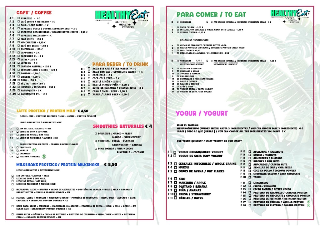 HealthyEat Tenerife - Brunch Bar — Carta