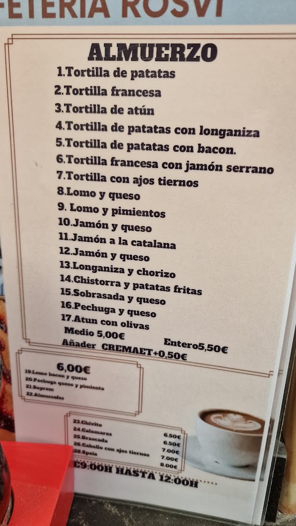 Bar Cafeteria Rosvi — Carta