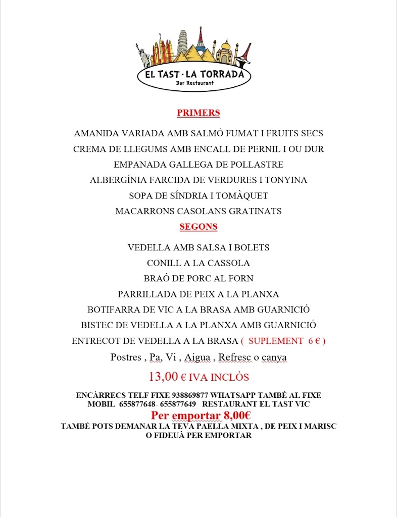 Bar Restaurant El Tast — Carta