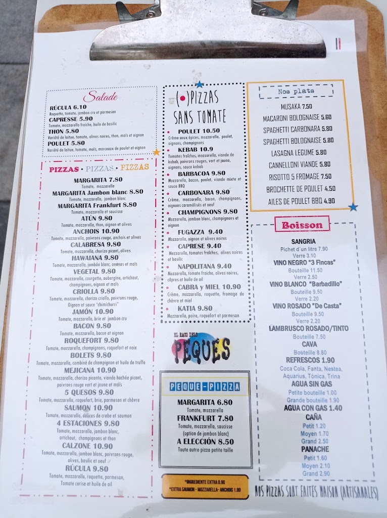 Pizzeria "El Raco dels PEQUES" — Carta