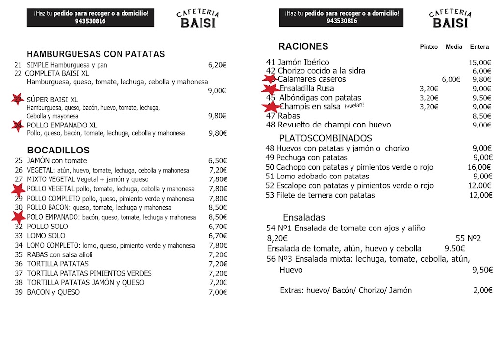 Baisi Cafeteria — Carta