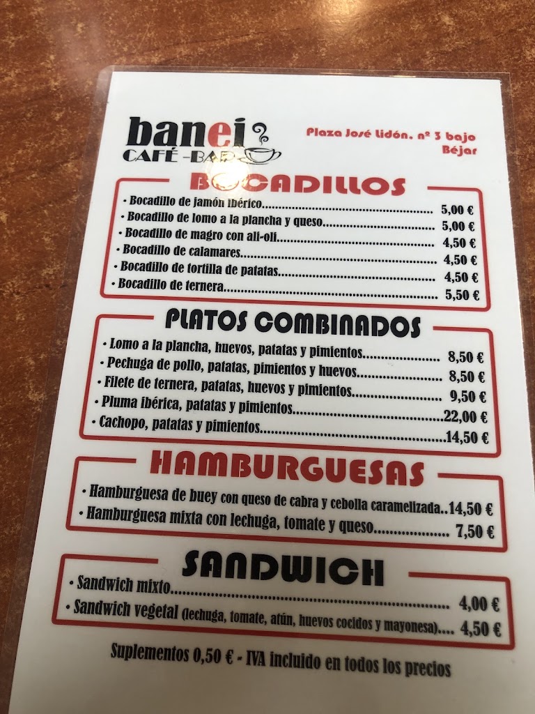 Bar Cafeteria Banei — Carta