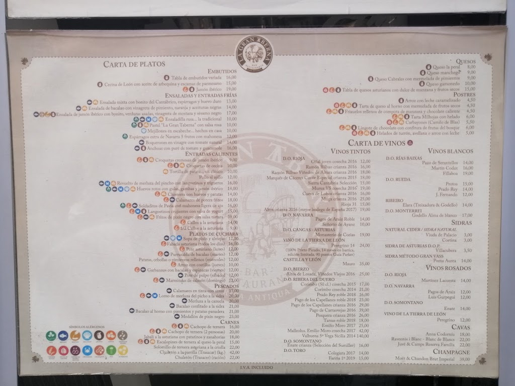 Restaurante La Gran Taberna — Carta
