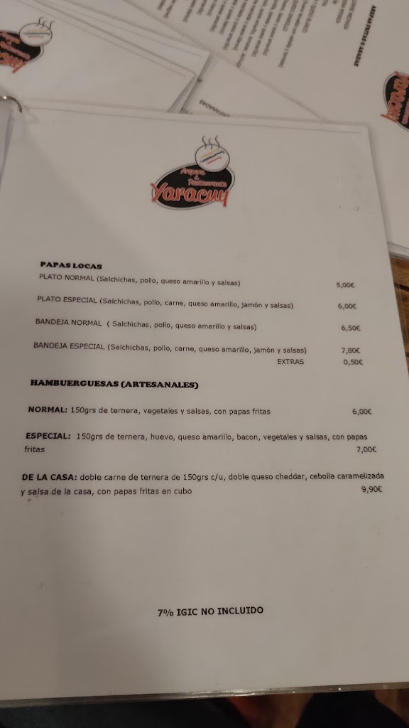 Arepera Yaracuy — Carta