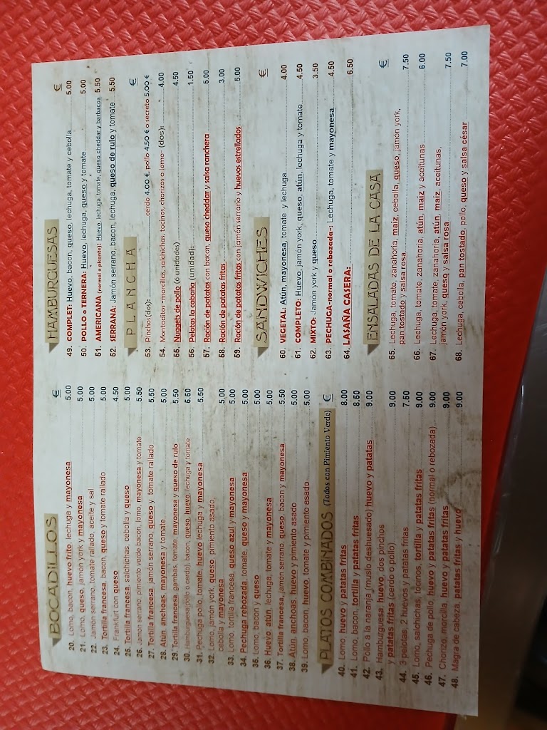 Pizzeria Bocateria La Cabana — Carta