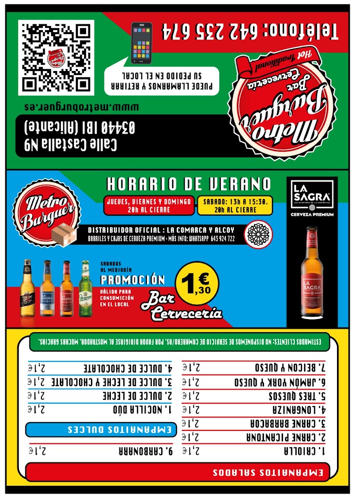 Metro Burguer Cerveceria, Tapeo, Menu, Pizzas x metro.Chivitos,Cervezas artesanas. — Carta