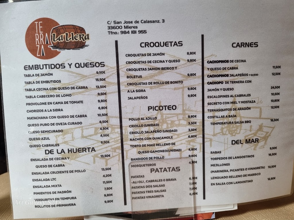 Bodega La Llera — Carta