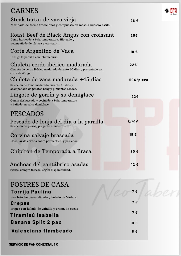 ISPA Neo Taberna — Carta